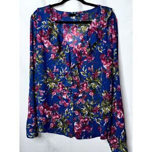Kut From The Kloth Womens Size XXL Blue Pink Floral Long Sleeve Ruffle Button Up